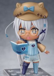 Rule 34 | 1girl, absurdres, blue eyes, book, brown-framed eyewear, character request, chibi, commission, dark-skinned female, dark skin, diamond-shaped pupils, diamond (shape), faux figurine, full body, glasses, grey hair, hair ornament, highres, indie virtual youtuber, looking away, nendoroid, open book, open mouth, second-party source, shiori2525, short hair, solo, symbol-shaped pupils, teeth, upper teeth only, virtual youtuber, x hair ornament
