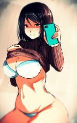 Rule 34 | 1girl, bad id, bad pixiv id, black hair, bra, breasts, camera, clothes lift, eye (mememem), highres, large breasts, light smile, long hair, looking at viewer, mirror, navel, original, reflection, selfie, shirt lift, solo, sweater, sweater lift, thighs, underwear, white bra