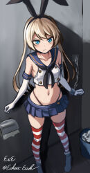 Rule 34 | 1girl, black neckerchief, black panties, blonde hair, blue eyes, blue sailor collar, blue skirt, blush, breasts, chain, cosplay, crop top, eckert&amp;eich, elbow gloves, gloves, hairband, highleg, highleg panties, highres, jervis (kancolle), kantai collection, long hair, microskirt, miniskirt, neckerchief, one-hour drawing challenge, panties, pleated skirt, sailor collar, shimakaze (kancolle), shimakaze (kancolle) (cosplay), skirt, small breasts, solo, standing, striped, sweat, thighhighs, toilet stall, underwear, white gloves