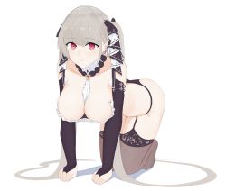 Rule 34 | 1girl, absurdly long hair, all fours, ass, azur lane, bare shoulders, between breasts, black garter straps, black panties, black ribbon, black thighhighs, breasts, cleavage, detached collar, formidable (azur lane), garter straps, hair ribbon, highres, lace, lace-trimmed legwear, lace trim, large breasts, long hair, looking at viewer, necktie, necktie between breasts, panties, red eyes, ribbon, simple background, solo, thighhighs, twintails, two-tone ribbon, underwear, very long hair, walnutsoup, white background, white ribbon