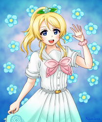 Rule 34 | 1girl, 28kr caflog, a song for you! you? you!, aqua flower, artist name, artist request, ayase eli, belt, blonde hair, blue background, blue eyes, blue flower, blush, bow, breasts, collarbone, collared shirt, female focus, flower, hair between eyes, hair ornament, hand wave, high ponytail, holding, holding clothes, holding skirt, leaf hair ornament, long hair, looking at viewer, love live!, love live! school idol festival, love live! school idol project, miniskirt, neckerchief, nyan-kero (28kr caflog), parted lips, pink bow, pink neckerchief, pink scrunchie, plaid, plaid skirt, pleated, pleated skirt, ponytail, sailor collar, scrunchie, shirt, short hair, short sleeves, skirt, small breasts, smile, solo, star (symbol), star hair ornament, teeth, white belt, white sailor collar, white shirt, white skirt, wrist scrunchie