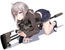Rule 34 | 1girl, absurdres, ahoge, bolt action, bullet, cheytac m200, commentary, english commentary, eyes visible through hair, full body, girls&#039; frontline, gun, highres, holding, long sleeves, looking at viewer, m200 (girls&#039; frontline), miniskirt, no shoes, pleated skirt, purple eyes, revision, rifle, scope, shadow, silver hair, simple background, skirt, sniper rifle, socks, solo, suppressor, twintails, twitter username, vectorek, weapon, white background