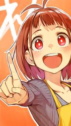 Rule 34 | 1girl, :d, antenna hair, apron, brown hair, buck teeth, highres, long sleeves, looking at viewer, nonco, open mouth, orange background, original, outline, red eyes, short hair, smile, solo, teeth, upper body, white outline