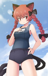 Rule 34 | 1girl, animal ears, bad id, bad pixiv id, blush, bow, braid, buruma, cat ears, cat girl, cat tail, female focus, hair bow, hair ornament, hand on own hip, kaenbyou rin, mesou-san, multiple tails, one-piece swimsuit, red eyes, red hair, school swimsuit, smile, solo, swimsuit, swimsuit under clothes, tail, touhou, twin braids, twintails