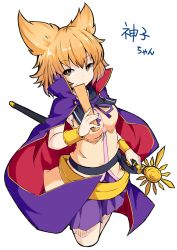 Rule 34 | 1girl, armpits, blonde hair, bracelet, breasts, cape, character name, cowboy shot, cropped legs, earmuffs, female focus, highres, ishimu, jewelry, looking at viewer, medium breasts, one-hour drawing challenge, pointy hair, ritual baton, sash, shirt, simple background, sleeveless, sleeveless shirt, smile, solo, sword, touhou, toyosatomimi no miko, weapon, white background, yellow eyes