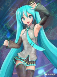 Rule 34 | 1girl, armpits, blue eyes, blue hair, hatsune miku, hikage15, lowres, shiny clothes, smile, solo, star (symbol), twintails, wantu-p