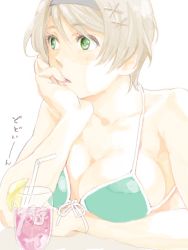 Rule 34 | 1girl, arm support, axis powers hetalia, bare shoulders, bikini, blonde hair, breasts, cleavage, collarbone, drink, drinking straw, front-tie top, glass, green eyes, grey hair, hair ornament, hairband, hairclip, hairpin, head rest, ice, ice cube, large breasts, light brown hair, looking away, open mouth, parted lips, short hair, simple background, solo, swimsuit, tegaki, ukraine (hetalia), upper body, white background