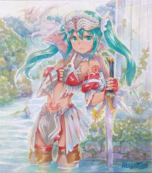 Rule 34 | 1girl, armor, blue eyes, blue hair, column, dragon, hatsune miku, in water, mayo riyo, midriff, pillar, standing, sword, twintails, vocaloid, wading, weapon