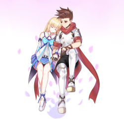 Rule 34 | 1boy, 1girl, ankle ribbon, blonde hair, brown hair, choker, closed eyes, closed mouth, colette brunel, gloves, holding hands, leaning on person, leg ribbon, lloyd irving, long hair, nichts (nil), official alternate costume, ribbon, scarf, short hair, tales of (series), tales of symphonia