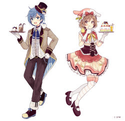 Rule 34 | 1boy, 1girl, :d, absurdres, animal, animal ears, animal hat, animal on shoulder, asymmetrical legwear, belt, belt buckle, bendy straw, bird, black belt, black footwear, blue eyes, blue hair, blue neckwear, blush, bow, breasts, brown eyes, brown footwear, brown hair, brown headwear, brown jacket, brown pants, brown skirt, buckle, cake, center frills, chick, closed mouth, collared shirt, cup, diagonal stripes, dress shirt, drinking glass, drinking straw, fake animal ears, food, frills, gloves, hand up, hat, highres, holding, holding plate, jacket, kaito (vocaloid), lolita fashion, long sleeves, looking at viewer, mary janes, meiko (vocaloid), mini hat, mini top hat, mismatched legwear, open clothes, open jacket, open mouth, pants, penguin, plate, pleated skirt, pudding, rabbit ears, rabbit hat, red bow, sakura oriko, shirt, shoes, short hair, simple background, skirt, small breasts, smile, striped, sweet lolita, teeth, thighhighs, tilted headwear, tongue, tongue out, top hat, underboob, upper teeth only, vocaloid, watermark, white background, white gloves, white shirt, white thighhighs, yellow bow