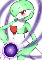 Rule 34 | 1girl, absurdres, blush, bob cut, closed mouth, colored skin, creatures (company), energy ball, flat chest, game freak, gardevoir, gen 3 pokemon, green hair, green skin, hair over one eye, hands up, happy, highres, multicolored skin, nintendo, one eye covered, pokemon, pokemon (creature), pokemon move, raikaneck, red eyes, shadow ball (pokemon), short hair, simple background, smile, standing, two-tone skin, white background, white skin