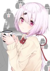 Rule 34 | 1girl, absurdres, blurry, blurry background, blush, bow, brown cardigan, cardigan, closed mouth, collared shirt, commentary request, cup, depth of field, fingernails, hair between eyes, hair ornament, hair ribbon, hairclip, hands up, highres, hijouguti, holding, holding cup, long hair, long sleeves, low ponytail, mug, nijisanji, pink hair, ponytail, purple eyes, red bow, red ribbon, ribbon, shiina yuika, shiina yuika (1st costume), shirt, sleeves past wrists, solo, star (symbol), star hair ornament, upper body, very long hair, virtual youtuber, white shirt