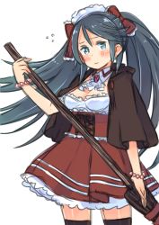 Rule 34 | 10s, 1girl, aqua eyes, black hair, black thighhighs, blush, bracelet, breasts, broom, cleavage, detached collar, frills, hair ribbon, isuzu (kancolle), jewelry, ka-no, kantai collection, long hair, looking at viewer, maid, maid headdress, personification, poncho, ribbon, skirt, solo, thighhighs, twintails