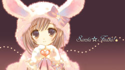 Rule 34 | 1girl, animal costume, bad id, bad pixiv id, blush, bow, brown hair, english text, gradient background, heart, heart hands, looking at viewer, mittens, original, santa matsuri, short hair, smile, solo, upper body