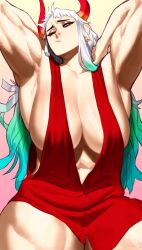 Rule 34 | 1girl, absurdres, armpits, arms up, blue hair, breasts, earrings, female focus, highres, horns, jewelry, large breasts, long hair, multicolored hair, muscular, muscular female, one eye closed, one piece, red eyes, shirt, solo, sotcho, thick thighs, thighs, two-tone hair, white shirt, yamato (one piece)