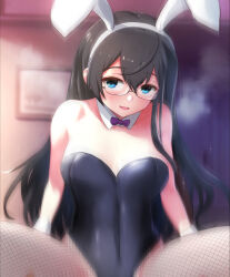 Rule 34 | 1girl, animal ears, black hair, black leotard, bow, bowtie, breasts, breath, commentary request, cowboy shot, fishnet pantyhose, fishnets, green eyes, hhh (wave), implied sex, kantai collection, leotard, long hair, looking at viewer, medium breasts, motion blur, ooyodo (kancolle), open mouth, out-of-frame censoring, pantyhose, playboy bunny, purple bow, purple bowtie, rabbit ears, semi-rimless eyewear, small breasts, smile, solo, spread legs, under-rim eyewear