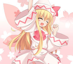 Rule 34 | 1girl, ^ ^, absurdres, arm up, blonde hair, bluntspoony, cheering, cherry blossoms, closed eyes, dress, female focus, gradient background, hat, highres, lily white, long hair, open mouth, plant, solo, touhou, white hat, wings