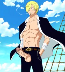 Rule 34 | 1boy, abs, blonde hair, erection, male focus, muscular, one piece, outdoors, penis, phausto, sanji (one piece), sky, solo