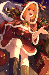Rule 34 | 1girl, :d, absurdres, antlers, bell, blue eyes, blush, boots, bow, box, brown footwear, capelet, christmas, christmas present, cleavage cutout, clothing cutout, commentary, dress, english commentary, feet out of frame, fur-trimmed capelet, fur-trimmed dress, fur-trimmed hood, fur-trimmed sleeves, fur trim, gift, gift bag, gift box, go-toubun no hanayome, green bow, hair between eyes, hand up, happy, highres, hood, hood up, horns, knee up, long sleeves, looking up, medium hair, mixed-language commentary, nakano yotsuba, neck bell, night, on roof, open mouth, orange hair, outdoors, plaid capelet, pom pom (clothes), red ribbon, reindeer antlers, ribbon, round teeth, santa capelet, santa costume, santa dress, short dress, sitting, sky, smile, snowing, solo, star (sky), starry sky, straight hair, tamago sando, teeth, two-tone bow, upper teeth only, wide sleeves