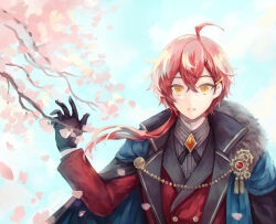 Rule 34 | 1boy, ahoge, black cape, black gloves, blue choker, braid, braided bangs, branch, brooch, bungou to alchemist, cape, cherry blossoms, choker, collared shirt, cross tie, crossed bangs, day, dazai osamu (bungou to alchemist), falling petals, flower, fur-trimmed cape, fur trim, gears, gem, gloves, grey shirt, hair between eyes, hair ornament, hair over shoulder, hairclip, hand up, highres, jacket, jewelry, lapels, long hair, long sleeves, male focus, notched lapels, official alternate costume, parted lips, petals, pink flower, pinstripe pattern, pinstripe shirt, red gemstone, red hair, red jacket, red vest, shirt, solo, striped, two-sided cape, two-sided fabric, upper body, user mhst3483, vest, yellow eyes