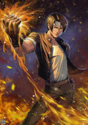 Rule 34 | 1boy, absurdres, belt, brown eyes, brown hair, brown jacket, brown pants, clenched hand, fingerless gloves, fire, gloves, goodotaku, hand up, headband, highres, jacket, kusanagi kyou, looking at viewer, male focus, pants, pyrokinesis, shirt, snk, solo, t-shirt, the king of fighters, watermark, white headband, white shirt