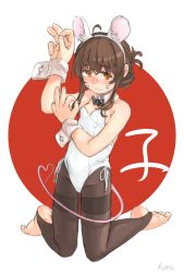 Rule 34 | 1girl, ahoge, alternate costume, animal ears, bare shoulders, black leggings, black pantyhose, bow, bowtie, breasts, brown eyes, brown hair, chinese zodiac, detached collar, fake animal ears, folded ponytail, full body, highres, inazuma (kancolle), kantai collection, kuro4221, leggings, leotard, long hair, mouse ears, new year, nontraditional playboy bunny, pantyhose, playboy bunny, small breasts, solo, thighband pantyhose, wrist cuffs, year of the rat