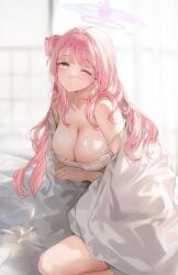 Rule 34 | 1girl, blue archive, breasts, cleavage, collarbone, day, dress, gijang, hair bun, hair intakes, halo, highres, indoors, large breasts, long hair, looking at viewer, mika (blue archive), off shoulder, one eye closed, parted lips, pink hair, pink halo, sitting, sleepy, solo, under covers, white dress, yellow eyes