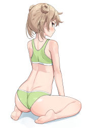 Rule 34 | 1girl, ass, back, bad id, bad pixiv id, bare legs, bare shoulders, barefoot, blush, closed mouth, commentary request, double bun, feet, full body, green panties, hair between eyes, hair bun, highres, kantai collection, light brown hair, looking at viewer, looking back, michishio (kancolle), osananajimi neko, panties, seiza, short twintails, simple background, sitting, soles, solo, toes, twintails, underwear, underwear only, white background, yellow eyes