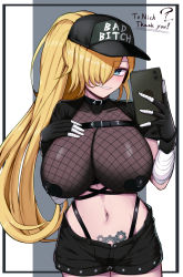 Rule 34 | 1girl, bandages, baseball cap, belt collar, black shorts, blonde hair, blue eyes, breast suppress, breasts, bright pupils, cellphone, collar, covered collarbone, cowboy shot, english text, fingerless gloves, fishnets, gear print, gears, gloves, grin, hair over one eye, hat, highres, huge breasts, impossible clothes, katsuragi nantoka, looking at viewer, midriff, navel, original, panty straps, pasties, phone, ponytail, pubic tattoo, short shorts, shorts, smartphone, smile, solo, tanya (extheman), tattoo