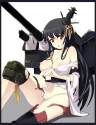 Rule 34 | 10s, 1girl, black hair, border, breasts, caryo, cleavage, collarbone, fusou (kancolle), hair ornament, kantai collection, knee pads, large breasts, long hair, looking at viewer, nanashino, navel, nipples, panties, parted lips, personification, red eyes, skindentation, solo, tears, torn clothes, turret, underwear, white panties