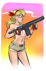 Rule 34 | 1girl, assault rifle, bandaid, blonde hair, blue eyes, breasts, censored, convenient censoring, dragon ball, fingerless gloves, gloves, gun, hairband, long hair, lunch (bad) (dragon ball), lunch (dragon ball), mouth hold, navel, psuede, rifle, short shorts, shorts, smoke, smoking barrel, solo, stalk in mouth, straw (stalk), tan, tanline, topless, weapon