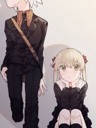 Rule 34 | 1boy, 1girl, backpack, bag, black necktie, black pants, black socks, black suit, blonde hair, blush, brown shirt, caddy cyd, collared shirt, facing to the side, formal, green eyes, hands on own chin, head on hand, highres, looking at viewer, maka albarn, necktie, pants, school uniform, shirt, sitting, socks, soul eater, soul evans, suit, twintails, uniform, white background, white hair