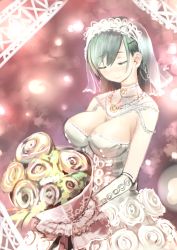 Rule 34 | 10s, 1girl, absurdres, blush, bouquet, breasts, bridal veil, bride, cleavage, closed eyes, dress, female focus, flower, gem, gloves, gradient background, green hair, highres, holding, kantai collection, large breasts, lips, shiabisu, solo, sparkle, suzuya (kancolle), veil, wedding dress