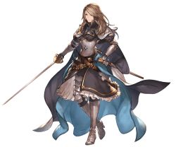 Rule 34 | 10s, 1girl, armor, belt, boots, brown eyes, brown hair, cape, frills, full body, gauntlets, gloves, granblue fantasy, holding, holding weapon, katalina (granblue fantasy), knee boots, long hair, looking at viewer, minaba hideo, official art, pauldrons, ribbon, sheath, shoulder armor, shoulder pads, solo, standing, sword, transparent background, weapon