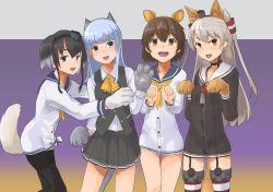 Rule 34 | 4girls, amatsukaze (kancolle), animal ears, animal hands, beaver ears, black hair, black legwear, blue hair, blue sailor collar, bow, bowtie, brown dress, brown eyes, brown hair, cat ears, cat tail, commentary request, cowboy shot, dog ears, dog tail, dress, dress shirt, garter straps, gloves, green eyes, grey neckerchief, grey skirt, grey vest, hair tubes, hatsukaze (kancolle), highres, hime cut, kantai collection, long hair, long sleeves, multiple girls, neckerchief, open mouth, pantyhose, paw gloves, pleated skirt, red legwear, round teeth, sailor collar, sailor dress, shirt, short dress, short hair, short hair with long locks, sidelocks, silver hair, skirt, smokestack hair ornament, striped clothes, striped legwear, striped thighhighs, tail, teeth, thighhighs, tokitsukaze (kancolle), two side up, upper teeth only, vest, white dress, white sailor collar, yellow bow, yellow bowtie, yellow neckerchief, yukikaze (kancolle), yuushou