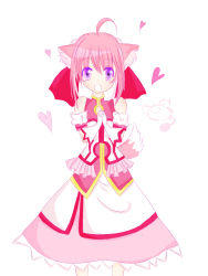 Rule 34 | 10s, 1girl, ahoge, animal ears, bare shoulders, dog days, dog ears, dog tail, dress, elbow gloves, female focus, gloves, hair ribbon, heart, highres, millhiore f. biscotti, open mouth, pink hair, purple eyes, ribbon, simple background, smile, solo, tail, white background