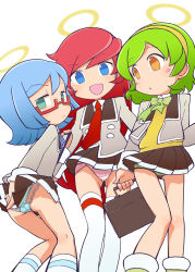Rule 34 | 3girls, :d, ass, bad id, bad pixiv id, black skirt, blazer, blue eyes, blue hair, blue panties, blue ribbon, blush stickers, bow, bowtie, briefcase, camouflage, camouflage panties, ciel (puyopuyo), clipboard, closed mouth, clothes lift, commentary request, crotch seam, dress shirt, flore (puyopuyo), frown, glaring, glasses, green bow, green bowtie, green eyes, green hair, green panties, grey jacket, hairband, halo, highres, holding, holding clipboard, jacket, long hair, long sleeves, looking at another, looking at viewer, looking back, miniskirt, multiple girls, neck ribbon, necktie, ogihara mach, open mouth, orange eyes, panties, parted lips, pleated skirt, puyopuyo, red-framed eyewear, red hair, red necktie, ribbon, roco (puyopuyo), school briefcase, school uniform, semi-rimless eyewear, shirt, short hair, simple background, single horizontal stripe, skirt, skirt lift, skirt tug, smile, socks, standing, sweater, swept bangs, thighhighs, under-rim eyewear, underwear, very long hair, white background, white legwear, white panties, white shirt, wind, wind lift, wing collar, yellow hairband, yellow sweater