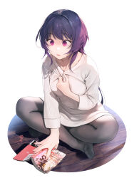 Rule 34 | 1girl, black pantyhose, book, collarbone, crossed legs, crying, crying with eyes open, highres, long hair, long sleeves, manga (object), okeno kamoku, open mouth, original, pantyhose, purple eyes, purple hair, shirt grab, simple background, sitting, solo, sweater, tears, wooden floor