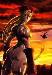 Rule 34 | 1990s (style), 1girl, ahoge, aircraft, antenna hair, armband, armpits, ass, bare shoulders, beret, blonde hair, blue eyes, braid, breasts, cammy white, camouflage, capcom, cloud, elbow gloves, female soldier, fingerless gloves, gauntlets, gloves, hat, helicopter, highleg, highleg leotard, hip focus, huge ahoge, huge ass, legs, leotard, lips, long hair, looking back, muscular, muscular female, retro artstyle, scar, shiny skin, shopyun, sideboob, skin tight, solo, street fighter, street fighter ii (series), sunset, thick thighs, thighs, thong leotard, thumbs up, toned, twin braids, wide hips