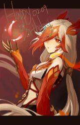 Rule 34 | 1girl, animal hands, bare shoulders, black shorts, black sports bra, chinese clothes, claws, detached sleeves, elbow gloves, eyeliner, feathers, fire, fu hua, fu hua (garuda), gloves, hair between eyes, happy birthday, honkai (series), honkai impact 3rd, long hair, looking at object, low-tied long hair, low twintails, makeup, michuan ximo, multicolored hair, red background, red eyeliner, red eyes, red feathers, red gloves, red hair, red rope, red scales, rope, short shorts, shorts, solo, sports bra, sportswear, streaked hair, symbol-shaped pupils, twintails, two-tone hair, white hair, yellow pupils