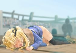 Rule 34 | 1girl, black ribbon, black thighhighs, blonde hair, blue dress, blue sky, blurry, blurry background, blush, boots, brown capelet, brown footwear, bruise, capelet, closed eyes, day, depth of field, dress, full body, hair ribbon, highres, injury, long hair, lying, mifa (sekira ame), nose blush, on side, open mouth, original, outdoors, panties, ribbon, sekira ame, silhouette, single boot, sky, solo focus, tears, thighhighs, twintails, underwear, white panties