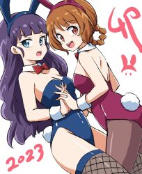 Rule 34 | 2girls, animal ears, blue eyes, blue leotard, blunt bangs, bow, bowtie, breasts, brown hair, cleavage, commentary request, delicious party precure, detached collar, fake animal ears, fake tail, fishnet thighhighs, fishnets, hair rings, hanamichi ran, highres, holding hands, kasai amane, leotard, long hair, medium breasts, multiple girls, open mouth, pantyhose, playboy bunny, precure, purple hair, purple leotard, rabbit ears, rabbit tail, red eyes, small breasts, strapless, strapless leotard, tail, thighhighs, uraki, wrist cuffs