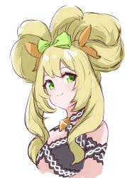 Rule 34 | 1girl, alternate hairstyle, bare shoulders, blonde hair, blush, bow, celine (fire emblem), commentary, fire emblem, fire emblem engage, green bow, green eyes, hair bow, highres, lillian8710, long hair, looking at viewer, nintendo, simple background, smile, solo, upper body, white background