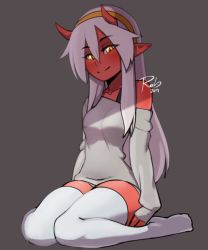 Rule 34 | 1girl, artist name, bare shoulders, breasts, collarbone, colored skin, commentary, dark-skinned female, dark skin, dated, demon girl, female focus, full body, grey background, grey sweater, hair between eyes, hairband, horns, li (rob ishi), long hair, long sleeves, looking at viewer, no shoes, off-shoulder sweater, off shoulder, orange hairband, original, pointy ears, red skin, rob ishi, signature, simple background, sitting, skinny, small breasts, smile, solo, sweater, thighhighs, thighs, wariza, white thighhighs, yellow eyes, zettai ryouiki