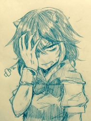Rule 34 | 1girl, arm up, bandaid, bow, bowtie, bracelet, bruise, commentary request, cone horns, cropped, crossed bandaids, efukei, fingernails, hair between eyes, hand on own face, highres, horns, injury, jewelry, kijin seija, looking at viewer, monochrome, one-hour drawing challenge, sharp fingernails, short sleeves, solo, sweat, touhou, traditional media, upper body