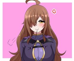 Rule 34 | 1girl, puff of air, ahegao, ahoge, anger vein, blush, border, breasts, brown hair, dress, facing viewer, food, gradient background, hair over one eye, kono subarashii sekai ni shukufuku wo!, large breasts, long hair, looking at viewer, mouth hold, outside border, pink background, pocky, pocky kiss, purple dress, shared food, simple background, solo, the only shoe, upper body, white border, wiz (konosuba), yellow eyes