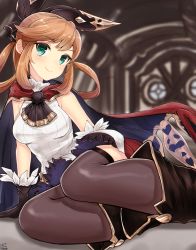 Rule 34 | 10s, 1girl, aqua eyes, arm support, ascot, bad id, bad pixiv id, black bow, black footwear, black gloves, black thighhighs, blurry, blush, boots, bow, breasts, cape, clarisse (granblue fantasy), closed mouth, depth of field, dutch angle, eyebrows, from below, gloves, granblue fantasy, hair ribbon, head tilt, leaning to the side, long hair, looking at viewer, nayuhi (yukimuu14), ribbon, sitting, sleeveless, smile, solo, swept bangs, thighhighs, yokozuwari