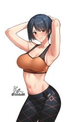 Rule 34 | 1girl, armpits, arms up, artist logo, bad id, bad pixiv id, black hair, black pants, blush, bra, breasts, cleavage, commission, cowboy shot, hair between eyes, k52, korean commentary, large breasts, lips, looking at viewer, mahouka koukou no rettousei, navel, orange bra, orange eyes, pants, parted lips, short hair, signature, simple background, smile, solo, sports bra, sportswear, stomach, sweat, sweatdrop, tight clothes, tight pants, toned, twitter username, underwear, watanabe mari, white background, yoga pants