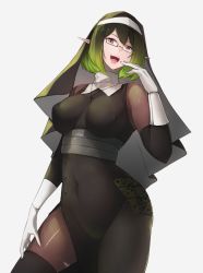 Rule 34 | 1girl, bang telex, breasts, commentary, covered navel, english commentary, glasses, gloves, green hair, highres, laughing, long pointy ears, looking down, mature female, medium breasts, mia (bang telex), nun, open mouth, original, pointy ears, red eyes, short hair, solo, veil, white gloves