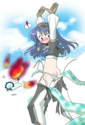 Rule 34 | !, 1girl, arms up, ass, black hairband, blue eyes, blue hair, blue panties, blush, breasts, brown gloves, butt crack, commentary request, feet out of frame, fireball, gloves, hairband, hatii (ragnarok online), long hair, long sleeves, medium breasts, okosama lunch (sendan), open mouth, panties, panty pull, ragnarok online, solo focus, spoken exclamation mark, striped clothes, striped panties, surprised, suspenders, tentacles, tentacles under clothes, thighhighs, underwear, warlock (ragnarok online), white panties, white thighhighs